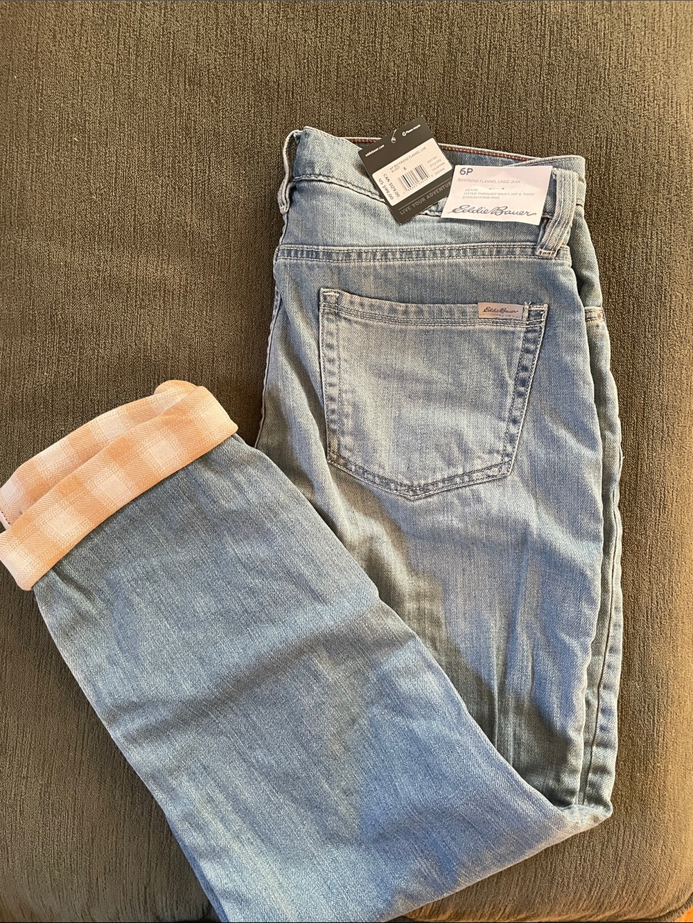 Eddie Bauer Light Blue Skinny Jeans with Peach Plaid Cuff